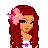 Pixel art of a character with long red hair, blue eyes, and a pink flower in hair, wearing a white top with pink stars and pink pants, with multiple pink text below