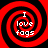 Four identical red and black spiral patterns with white text reading "I love fags" arranged in a on a red background