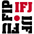 Black and red pixelated text and symbols arranged in a grid on white background with red dot at center.