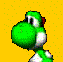 Two green dinosaur-like characters with white bellies and red mohawks stand against a yellow dotted background, one facing left, the other right.