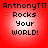 Red background with four identical pixelated text blocks reading 'AnthonyT11 Rocks Your WORLD!' in black and white.