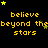 Yellow pixelated text 'believe beyond the stars' on black background with scattered yellow and green stars, some frames show star positions shifting slightly.