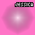 Pink background with repeated 'JESSICA' text above blurred circular shapes, transitioning to small heart symbols below.