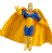 Pixelated figure in golden-yellow cape with blue accents, standing against gray background.