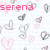A static image with a white lined background pattern featuring repeated heart and musical note symbols in gray and pink, overlaid with multiple instances of the text 'serena' in pink.