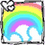 Rainbow arc with white clouds, purple heart with glowing outline, and rainbow-colored eye with black pupil and green tear.