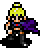 Pixel art character with yellow helmet, purple cape, and black outfit in two poses against gray background.