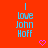 Red background with repeated blue text "I love John Hoff" and pink pixelated hearts in a