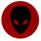 Red and black circular icon with black alien head silhouette featuring red eyes, displayed in multiple 3D rotation views against gray background.