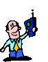 A cartoon man in a light blue shirt and yellow tie holds a blue device with green screen, showing sequential animation of the device emitting sparkles or explosions.
