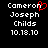 Black background with white pixelated text reading Cameron Joseph Childs 10.18.10, with a red heart symbol replacing the 'o' in Cameron on the left side.
