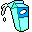 Pixelated cartoon icon of a blue and green bottle with white cloud-like shapes, featuring black outlines and light gray background.