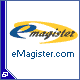 Animated sequence showing email icon variations with cursor interactions, text labels in Spanish and English, and a static 'eMagister.com' logo on the top-left