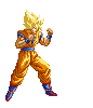 Pixel art character in orange martial arts uniform with blue accents, yellow spiky hair, and red-and-blue boots in two distinct poses against gray background.