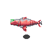 Four pixelated views of a red mechanical fish with green accents on gray background, each showing different angles and partial rotation.