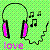 Pixelated icon of headphones with pink ear cups, black headband and accents, musical notes, a squiggly line, and the word 'love' on a green checkered background.