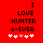 Red background with black text reading "I LOVE HUNTER 4-EVER" and five white hearts, one pink heart, and one white heart changing position.