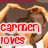 A person forms a heart shape with arms, with red text overlays changing across frames.