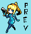 Pixel art character with blonde hair and blue outfit holding a large weapon, standing against light blue background with vertical text.