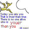 identical cartoon-style icons featuring a yellow running figure with a speech bubble containing text about being 'youer than you' attributed to 'dr seuss'
