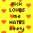 Yellow background with orange pixelated hearts and black pixelated text reading 'Nick LOVES me HATES keely' arranged in vertical