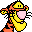 Pixelated character with yellow body, black outline, orange accents, pink chest shape, and two small eyes on a gray background.