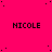 A bright pink background with scattered black dots and repeated 'NICOLE' text in bold, pixelated font across the