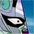 Pixelated close-up of a stylized face with large black eye, white sclera, and small dark pupil against blue background.