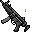 Pixelated black-and-gray machine gun with yellow bullet casings and a muzzle flash, displayed in two showing firing action