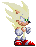 Pixel art character with spiky yellow hair, white gloves, red shoes, and a neutral expression against gray background.