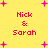 Yellow background with pink plus signs and red text reading "Nick & Sarah" in four identical quadrants.