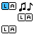 Animated contact sheet showing six frames of a buddy icon with alternating blue-highlighted 'LA' squares and black musical notes on white background.