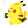 Pixelated yellow Pikachu with brown stripes holds a green cup, steam rises from it, mouth open in a smile, tail flicks in three