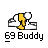 Pixelated cartoon character with yellow and white body, black outline, and small circular head on gray background.