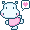 Pixelated character with light blue body, pink limbs, and dark blue accents holding a speech bubble containing a pink heart symbol.