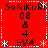 Red background with white dashed border and asterisks, displaying repeated text elements including "SoNiKuRi", "08", "&", "4", and "EVA" in black pixelated font.