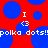 Red background with blue circles and white text reading "I <3 polka dots! polka dots!" in pixelated font.