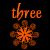 Pixelated orange text 'three' above a symmetrical snowflake-like shape on black background.