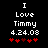 Pixelated text reads 'I Love Timmy 4.24.08' above red heart symbols on a black background, with one heart changing color between frames.
