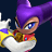 Pixelated character with purple hair and blue eyes holding a white crescent-shaped object, wearing red and gold armor-like clothing against dark background.