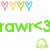 Green text 'rawr<3' appears below two of five heart icons in pink, orange, green, and blue hues with a small green bell icon nearby