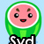 Pixelated watermelon slice with pink flesh, green rind, and brown seeds; smiling face with black eyes and red mouth on light blue background.