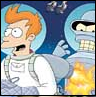 Futurama characters Fry and Bender in a static image with Fry on the left and Bender on the right, both in space suits against a blue background.
