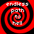 Four identical red and black spiral patterns with white text reading 'endless path to hell' arranged in a on a black background