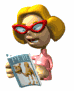 Animated cartoon character with blonde hair and red glasses holds a magazine, displaying three distinct facial expressions across frames.