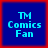 Four identical blue square icons with red borders display "TM Comics Fan" text in light blue pixelated font.
