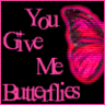 Static square icon with black background featuring pink text and a striped butterfly graphic on the right side.