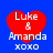 Four identical red heart-shaped icons with white text on a blue background, each displaying "Luke & Amanda xoxo" in pixelated font.