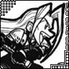 Black-and-white cartoon character with flowing hair and helmet, riding a horse, framed by pixelated border with corner and edge decorations.