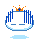 Pixelated icon with white face, blue vertical bars, orange crown with blue cross, and light blue cloud below.